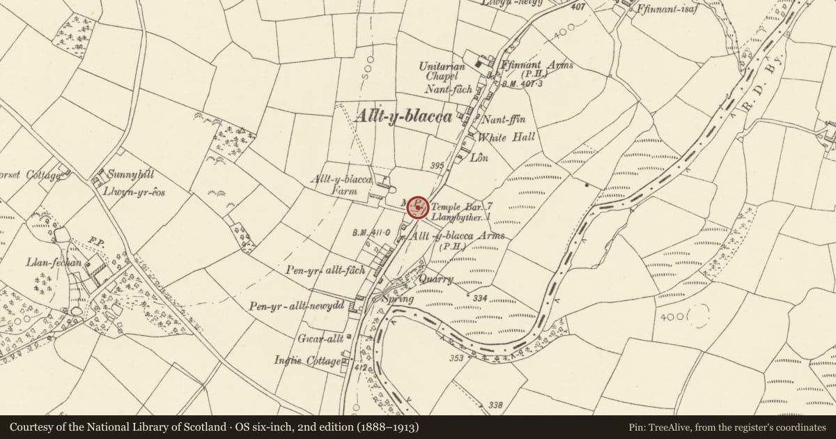 Ordnance Survey six-inch map, 2nd edition (1888–1913) covering the location of Milepost on B4337 at Alltyblaca, Llanwenog, Ceredigion, with a pin at the register's coordinates