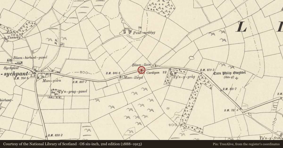 Ordnance Survey six-inch map, 2nd edition (1888–1913) covering the location of Milestone on A475 E of Cwmsychbant, Llanwenog, Ceredigion, with a pin at the register's coordinates