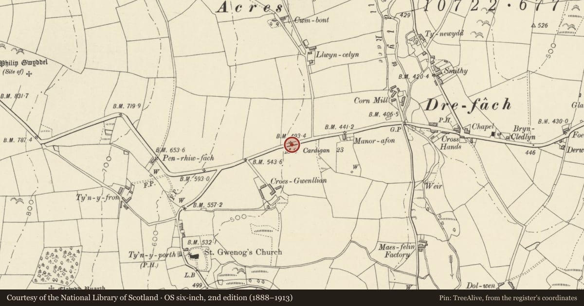Ordnance Survey six-inch map, 2nd edition (1888–1913) covering the location of Milestone on A475 W of Drefach, Llanwenog, Ceredigion, with a pin at the register's coordinates