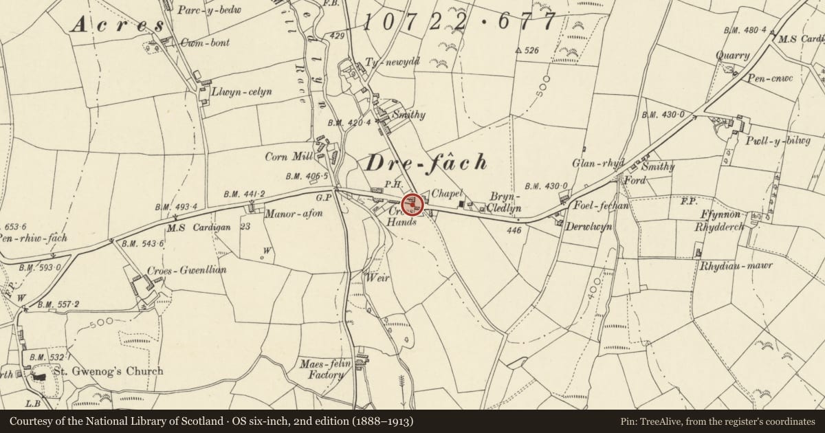 Ordnance Survey six-inch map, 2nd edition (1888–1913) covering the location of War Memorial, Llanwenog, Ceredigion, with a pin at the register's coordinates
