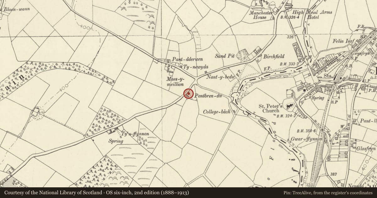 Ordnance Survey six-inch map, 2nd edition (1888–1913) covering the location of Pontbrendu, Llanwenog, Ceredigion, with a pin at the register's coordinates