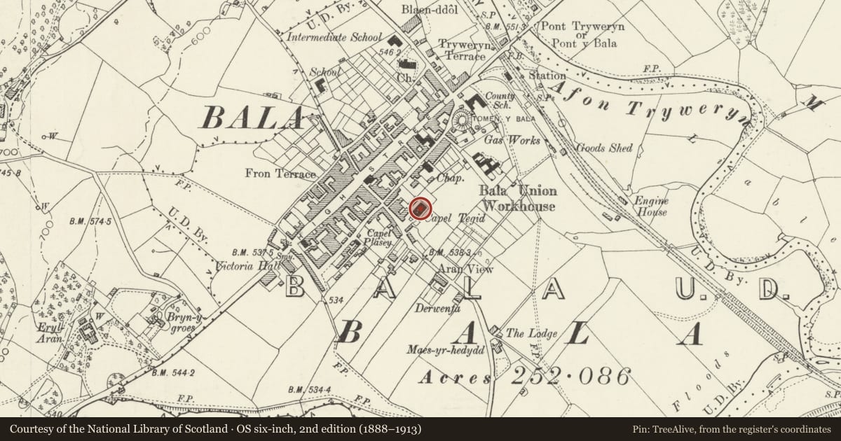 Ordnance Survey six-inch map, 2nd edition (1888–1913) covering the location of Capel Tegid, Including Forecourt Railings, Gates & Gatepiers, Bala, Gwynedd, with a pin at the register's coordinates