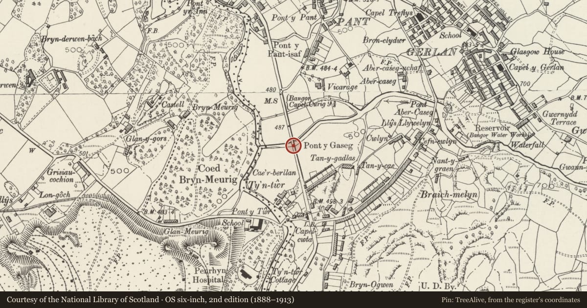 Ordnance Survey six-inch map, 2nd edition (1888–1913) covering the location of Pont y Gaseg, Bethesda, Gwynedd, with a pin at the register's coordinates