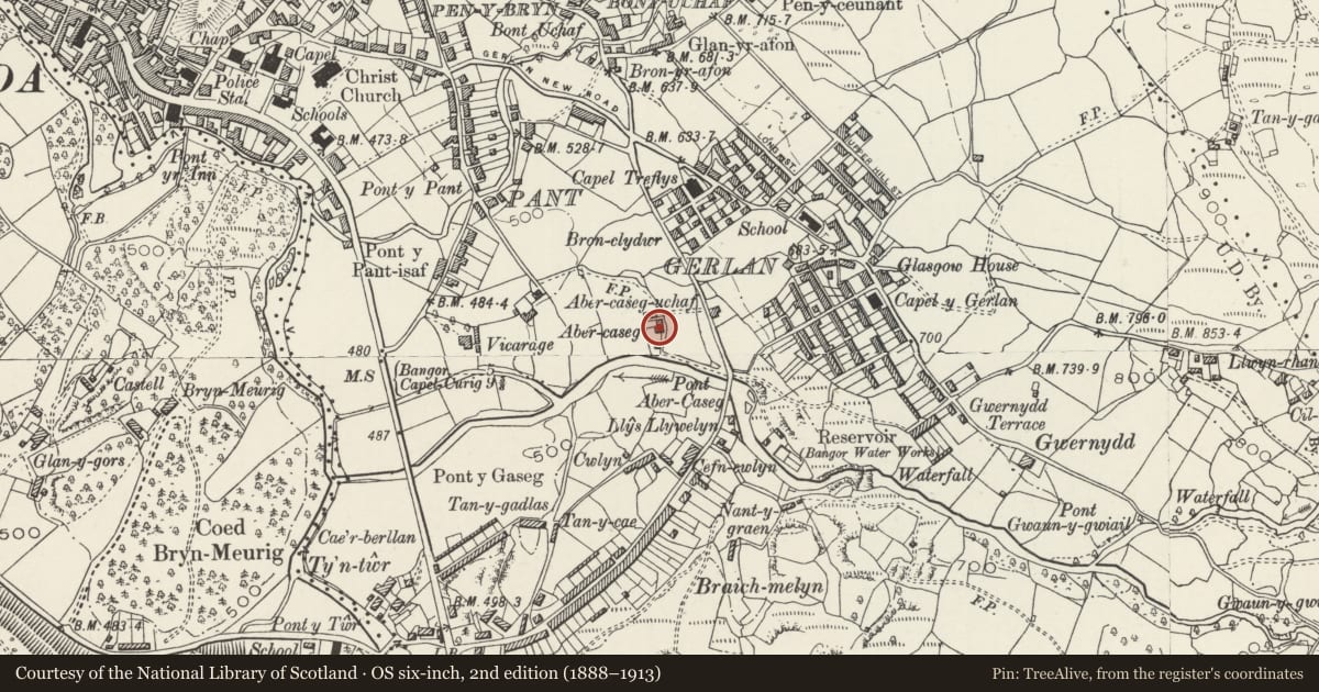Ordnance Survey six-inch map, 2nd edition (1888–1913) covering the location of Abercaseg Farmhouse, Bethesda, Gwynedd, with a pin at the register's coordinates