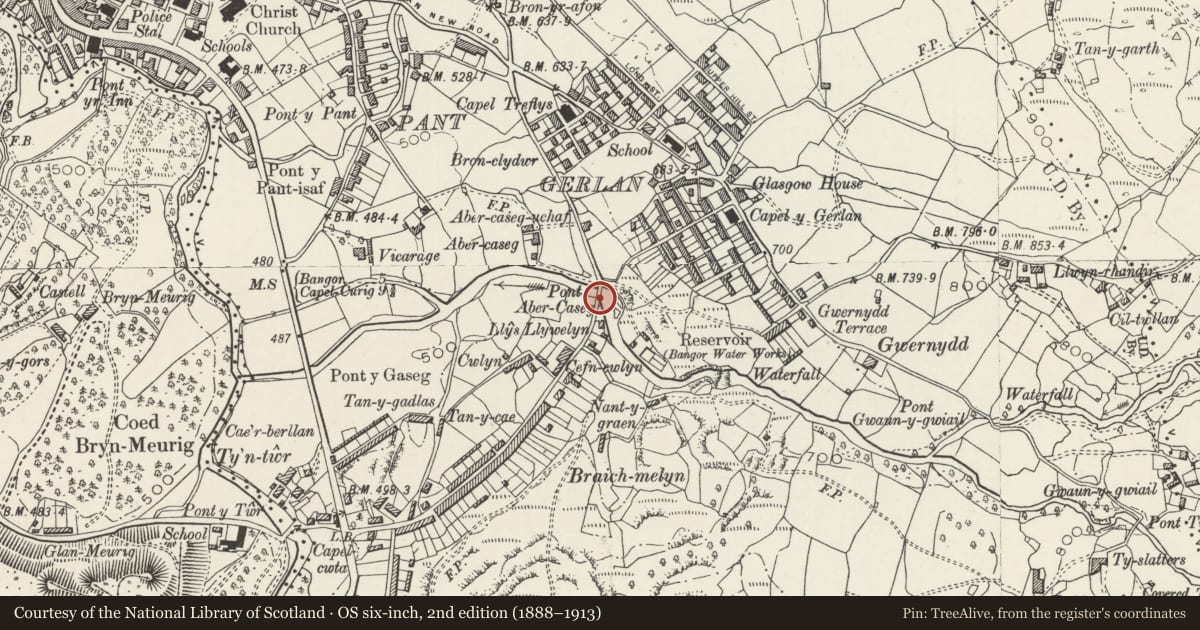 Ordnance Survey six-inch map, 2nd edition (1888–1913) covering the location of Pont Abercaseg, Bethesda, Gwynedd, with a pin at the register's coordinates