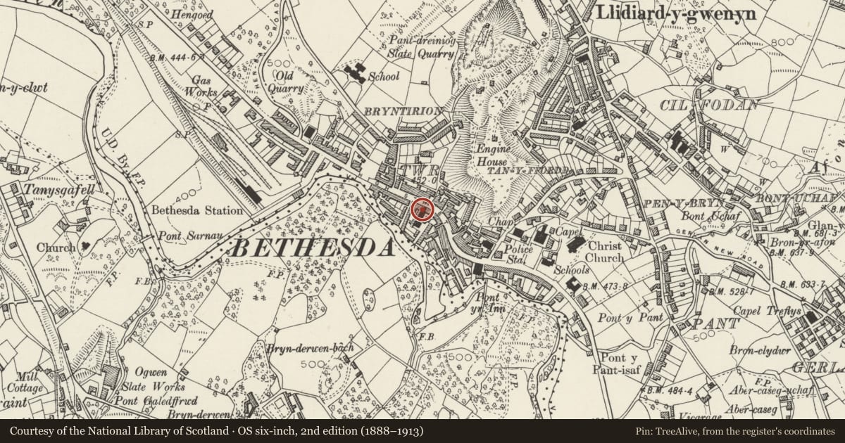 Ordnance Survey six-inch map, 2nd edition (1888–1913) covering the location of The Victoria Hotel, Bethesda, Gwynedd, with a pin at the register's coordinates