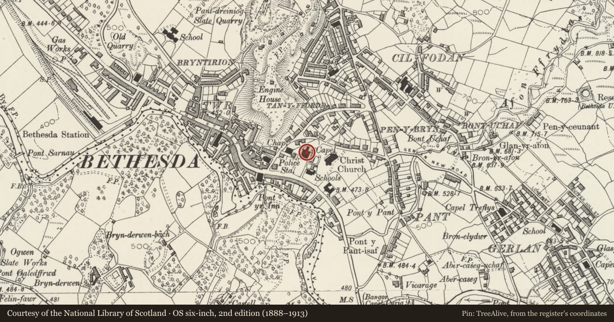 Ordnance Survey six-inch map, 2nd edition (1888–1913) covering the location of Capel Jerusalem, Bethesda, Gwynedd, with a pin at the register's coordinates