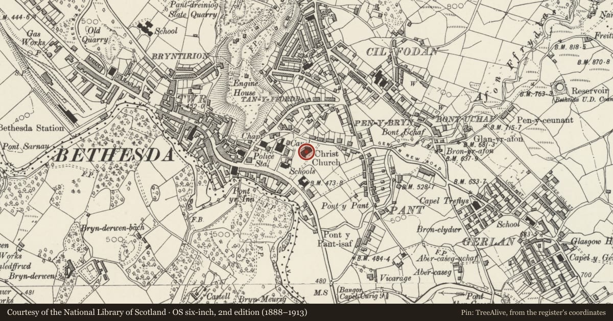 Ordnance Survey six-inch map, 2nd edition (1888–1913) covering the location of Christ Church, Bethesda, Gwynedd, with a pin at the register's coordinates