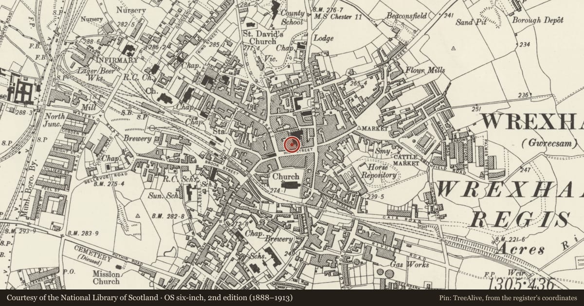 Ordnance Survey six-inch map, 2nd edition (1888–1913) covering the location of 8 High Street, Rhosddu, Wrexham, with a pin at the register's coordinates