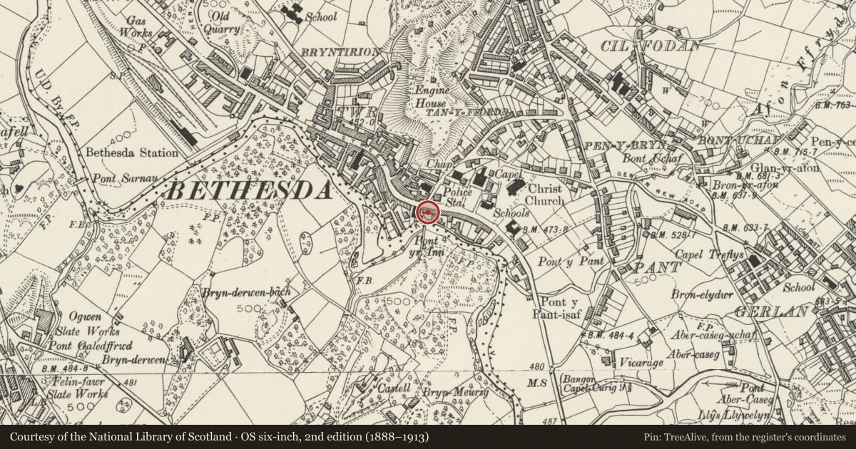 Ordnance Survey six-inch map, 2nd edition (1888–1913) covering the location of 2 Ogwen Terrace, Bethesda, Gwynedd, with a pin at the register's coordinates