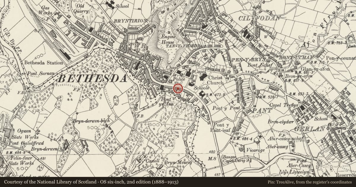Ordnance Survey six-inch map, 2nd edition (1888–1913) covering the location of 10 Ogwen Terrace, Bethesda, Gwynedd, with a pin at the register's coordinates