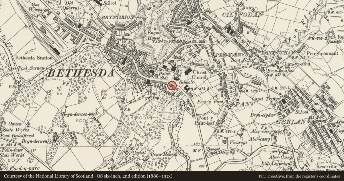Ordnance Survey six-inch map, 2nd edition (1888–1913) covering the location of 17 Ogwen Terrace, Bethesda, Gwynedd, with a pin at the register's coordinates