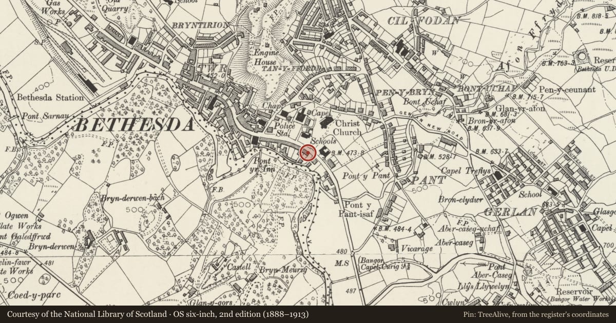 Ordnance Survey six-inch map, 2nd edition (1888–1913) covering the location of 22 Ogwen Terrace, Bethesda, Gwynedd, with a pin at the register's coordinates