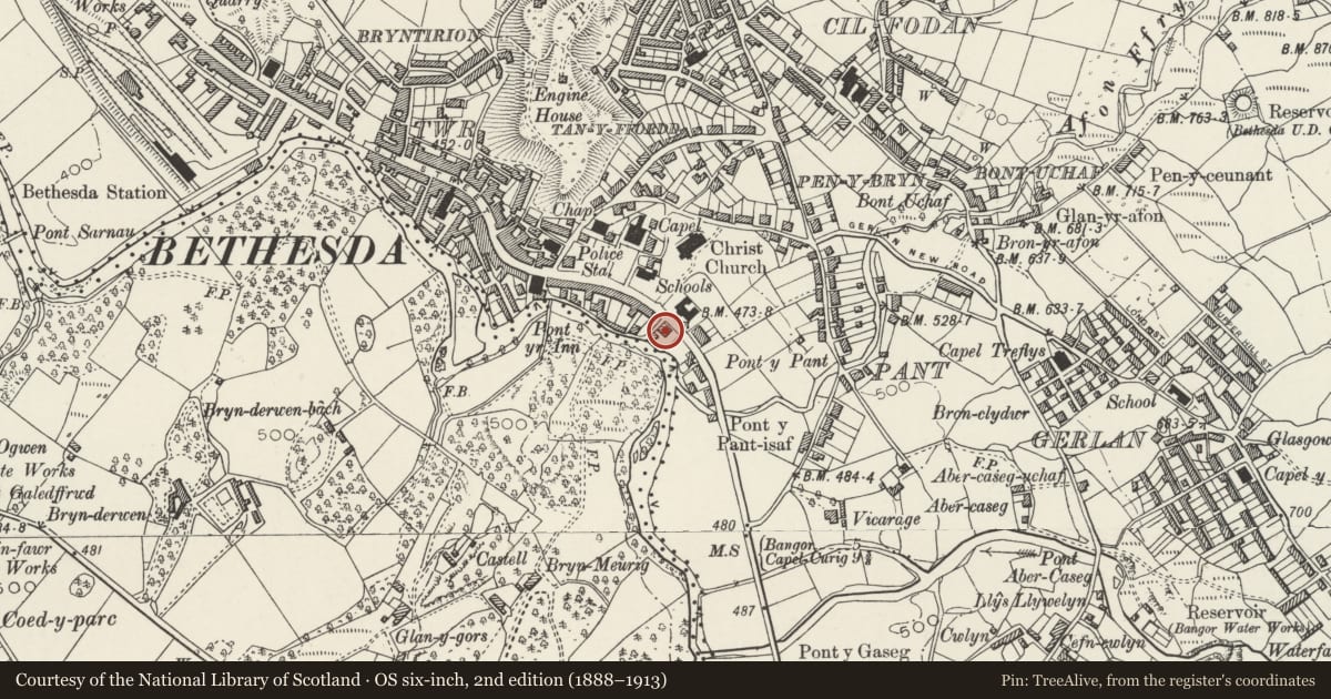Ordnance Survey six-inch map, 2nd edition (1888–1913) covering the location of The Douglas Arms Hotel including railings, Bethesda, Gwynedd, with a pin at the register's coordinates