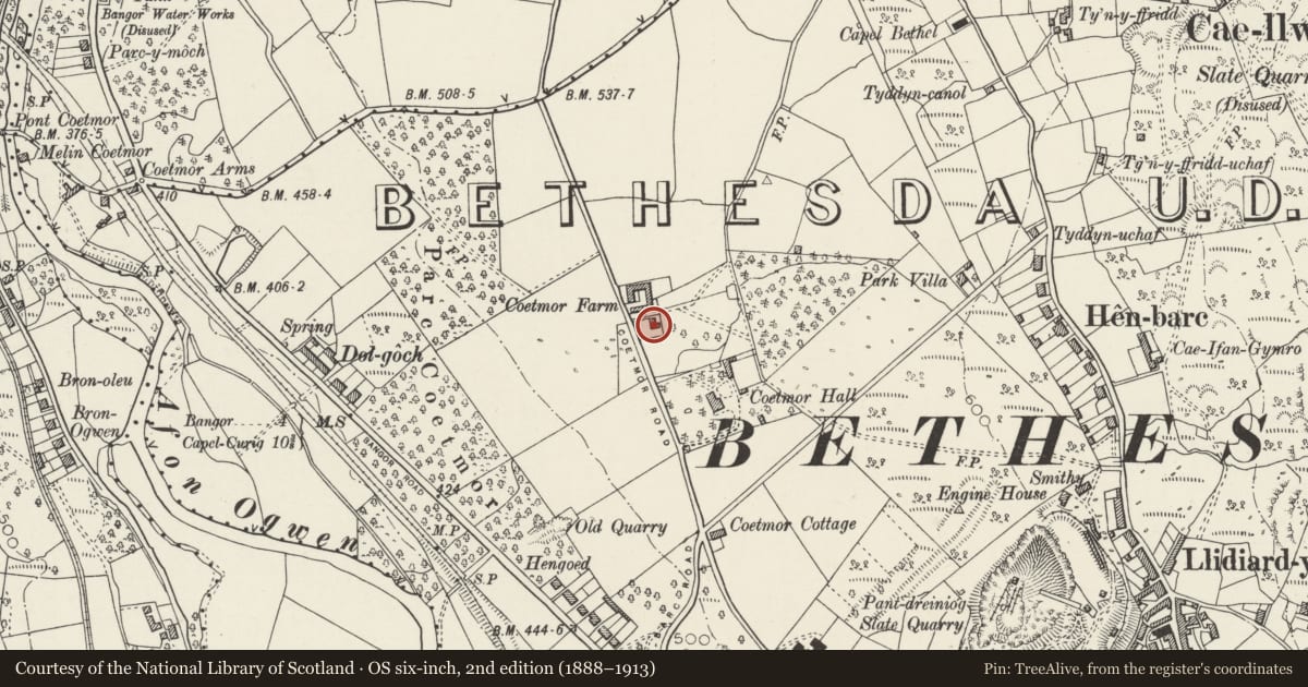 Ordnance Survey six-inch map, 2nd edition (1888–1913) covering the location of Coetmor Farmhouse, Bethesda, Gwynedd, with a pin at the register's coordinates