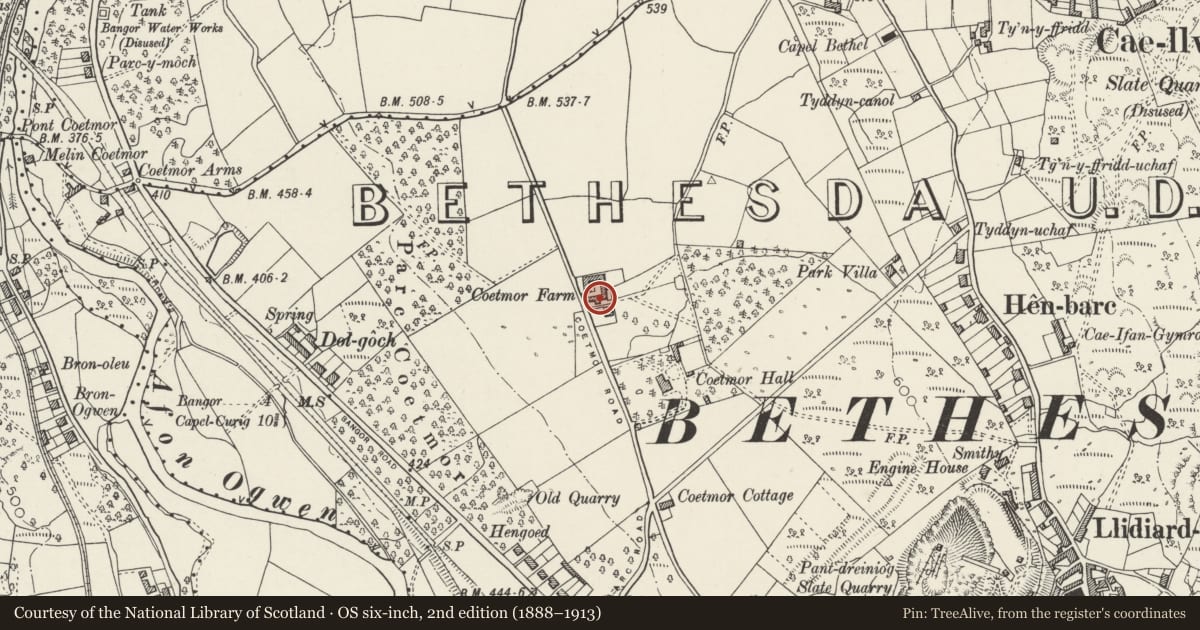 Ordnance Survey six-inch map, 2nd edition (1888–1913) covering the location of Barn at Coetmor Farm, Bethesda, Gwynedd, with a pin at the register's coordinates