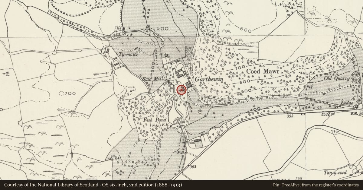 Ordnance Survey six-inch map, 2nd edition (1888–1913) covering the location of Chapel at Garthewin, Llanfair Talhaiarn, Conwy, with a pin at the register's coordinates