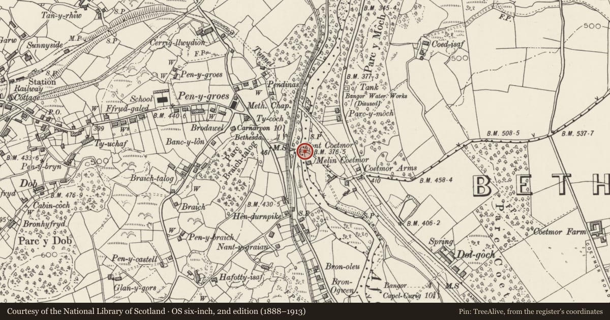 Ordnance Survey six-inch map, 2nd edition (1888–1913) covering the location of Pont y Goetmor, Bethesda, Gwynedd, with a pin at the register's coordinates