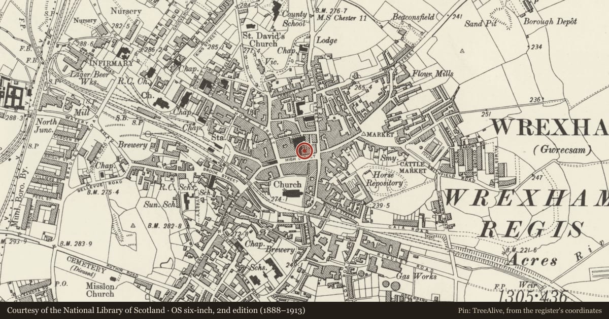 Ordnance Survey six-inch map, 2nd edition (1888–1913) covering the location of The Golden Lion Public House, Rhosddu, Wrexham, with a pin at the register's coordinates