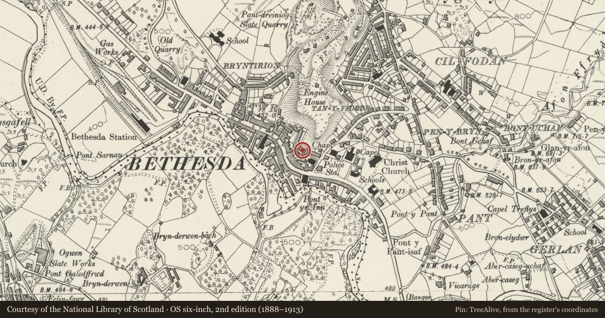 Ordnance Survey six-inch map, 2nd edition (1888–1913) covering the location of 10 John Street, Bethesda, Gwynedd, with a pin at the register's coordinates