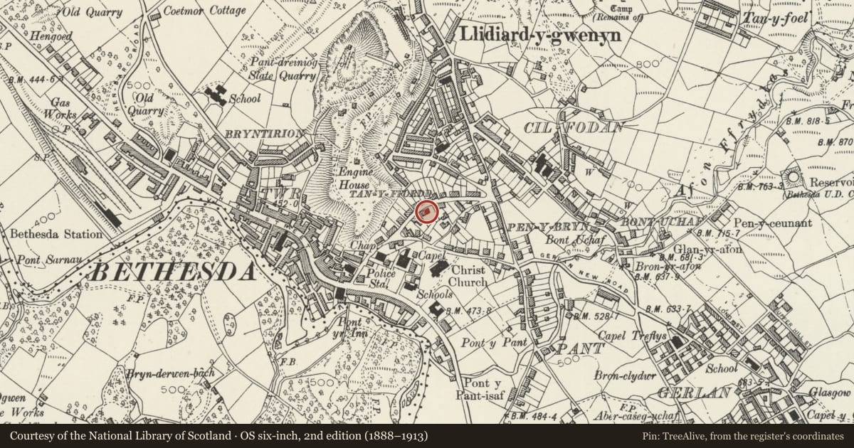 Ordnance Survey six-inch map, 2nd edition (1888–1913) covering the location of 18 Penybryn Road, Bethesda, Gwynedd, with a pin at the register's coordinates