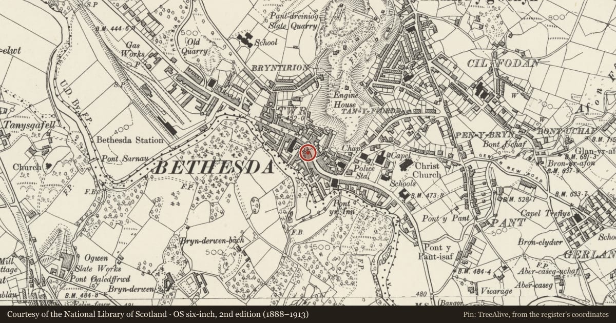 Ordnance Survey six-inch map, 2nd edition (1888–1913) covering the location of The King's Head Inn, Bethesda, Gwynedd, with a pin at the register's coordinates
