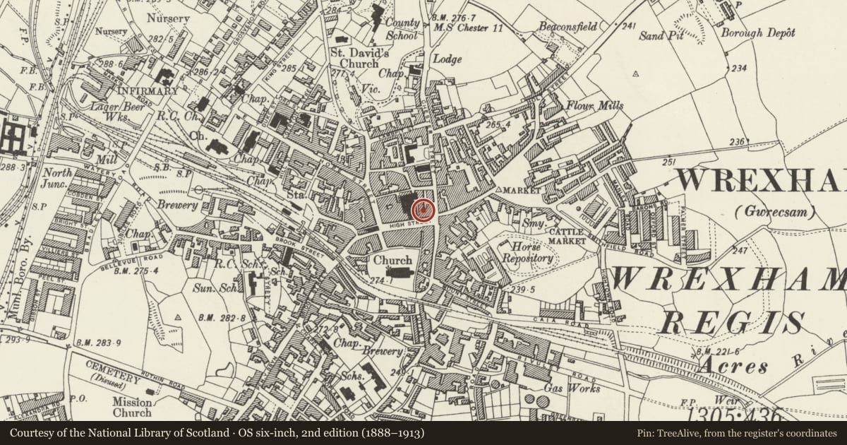 Ordnance Survey six-inch map, 2nd edition (1888–1913) covering the location of Midland Bank, Rhosddu, Wrexham, with a pin at the register's coordinates