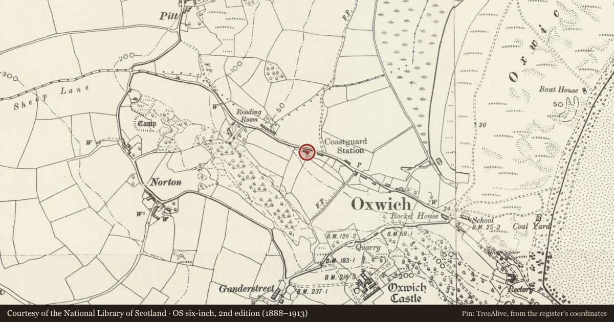 Ordnance Survey six-inch map, 2nd edition (1888–1913) covering the location of Briardene Cottage, Penrice, Swansea, with a pin at the register's coordinates
