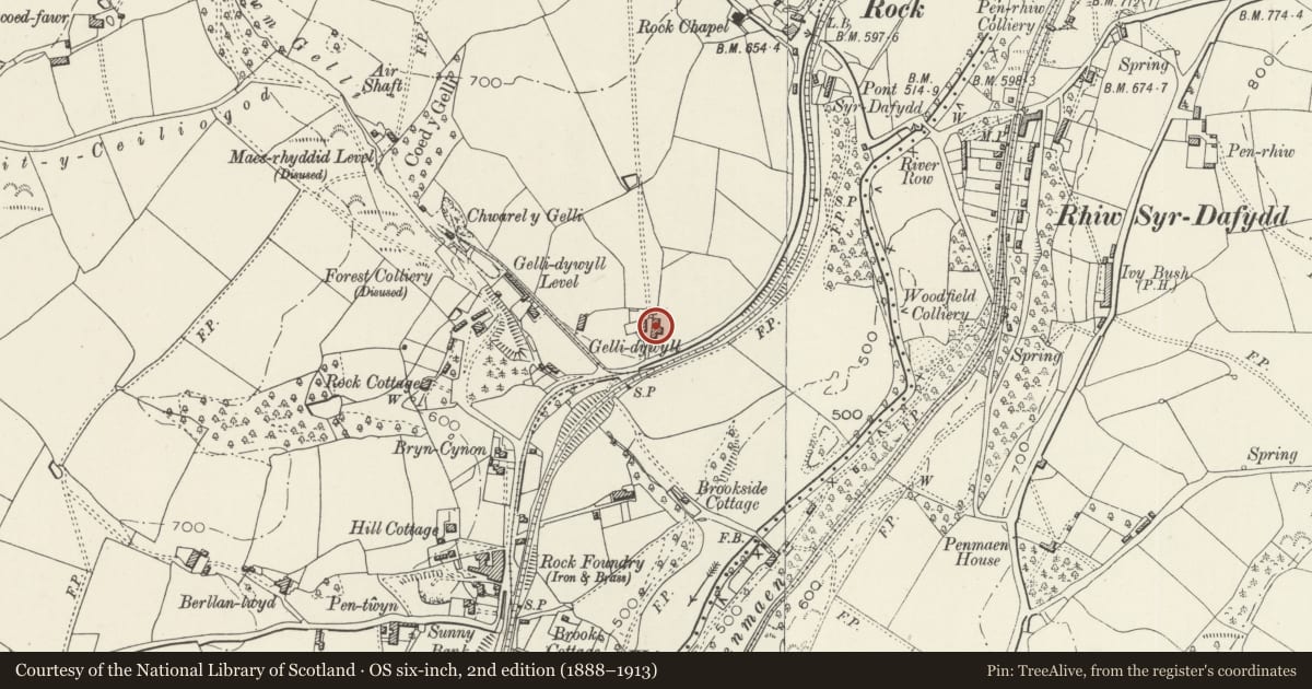 Ordnance Survey six-inch map, 2nd edition (1888–1913) covering the location of Gelli-Dywyll Farmhouse (also known as Cwmgelli Farm), Blackwood, Caerphilly, with a pin at the register's coordinates
