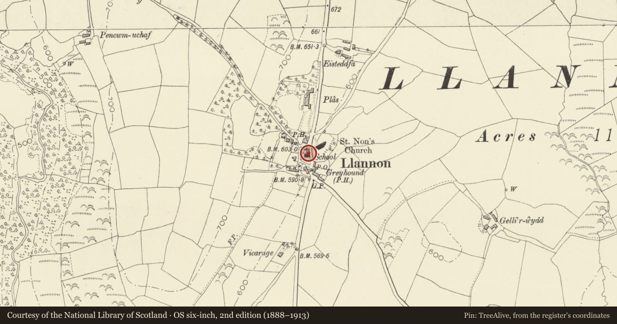 Ordnance Survey six-inch map, 2nd edition (1888–1913) covering the location of The Old School, Llannon, Carmarthenshire, with a pin at the register's coordinates