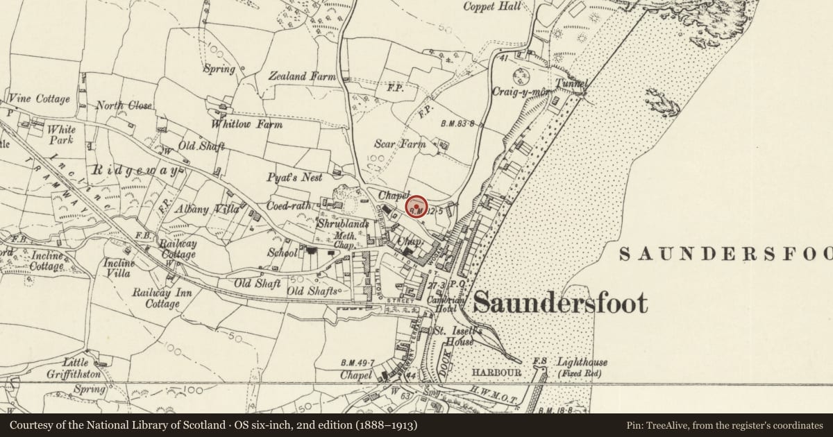 Ordnance Survey six-inch map, 2nd edition (1888–1913) covering the location of The Cottage, Saundersfoot, Pembrokeshire, with a pin at the register's coordinates