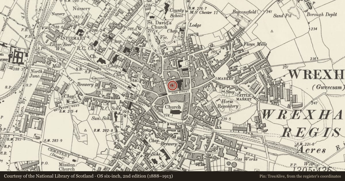 Ordnance Survey six-inch map, 2nd edition (1888–1913) covering the location of Central Arcade, Rhosddu, Wrexham, with a pin at the register's coordinates
