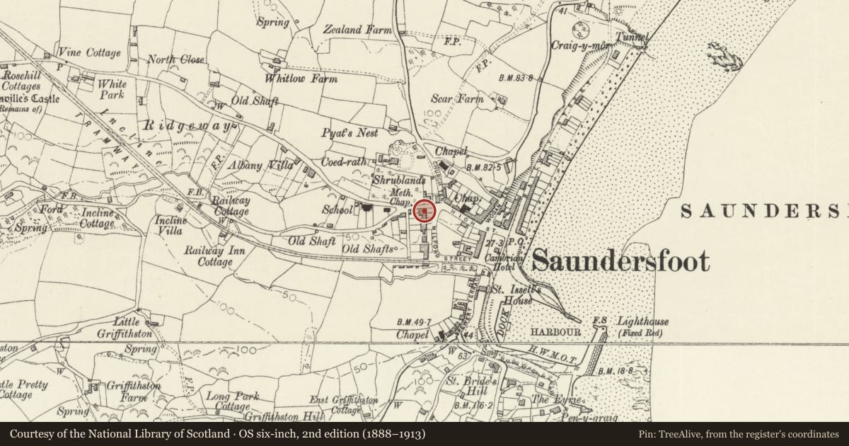 Ordnance Survey six-inch map, 2nd edition (1888–1913) covering the location of Pen-y-dre, No 1 Milford Terrace, Saundersfoot, Pembrokeshire, with a pin at the register's coordinates