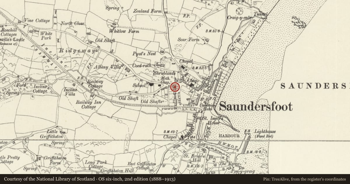 Ordnance Survey six-inch map, 2nd edition (1888–1913) covering the location of Coppers, No. 2 Milford Terrace, Saundersfoot, Pembrokeshire, with a pin at the register's coordinates