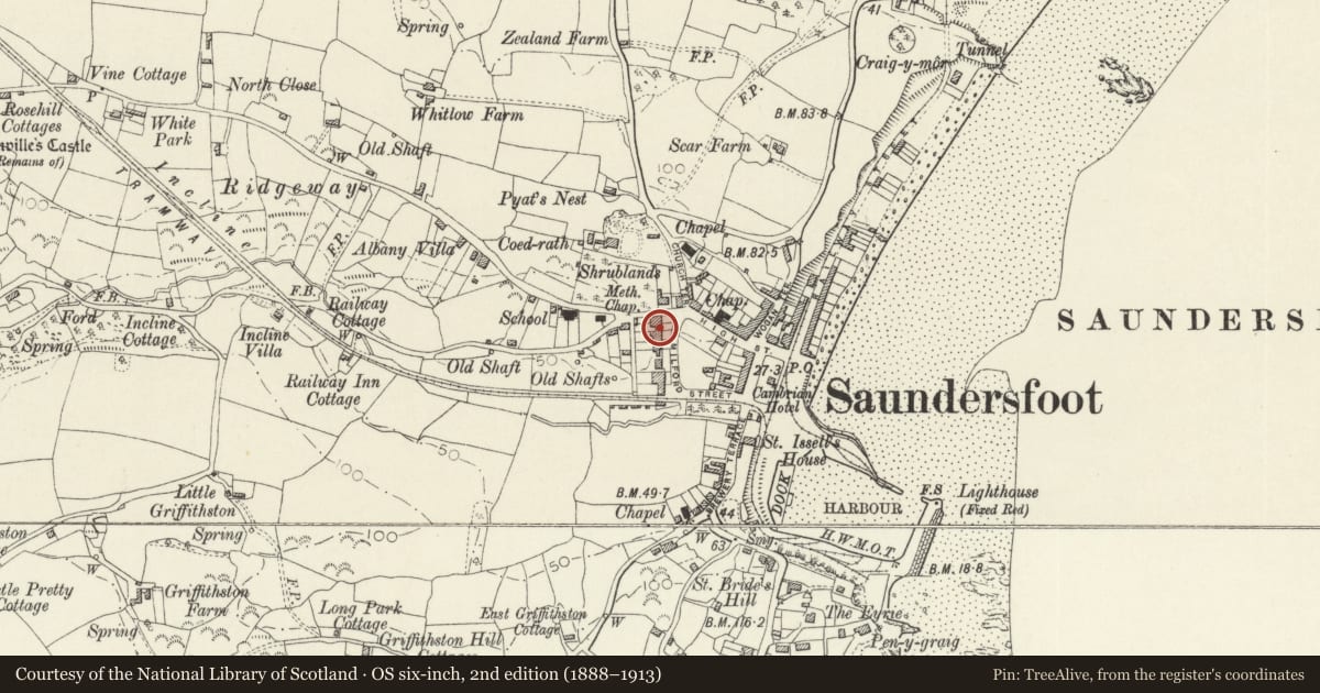 Ordnance Survey six-inch map, 2nd edition (1888–1913) covering the location of Penydre Cottage, No.3 Milford Terrace, Saundersfoot, Pembrokeshire, with a pin at the register's coordinates