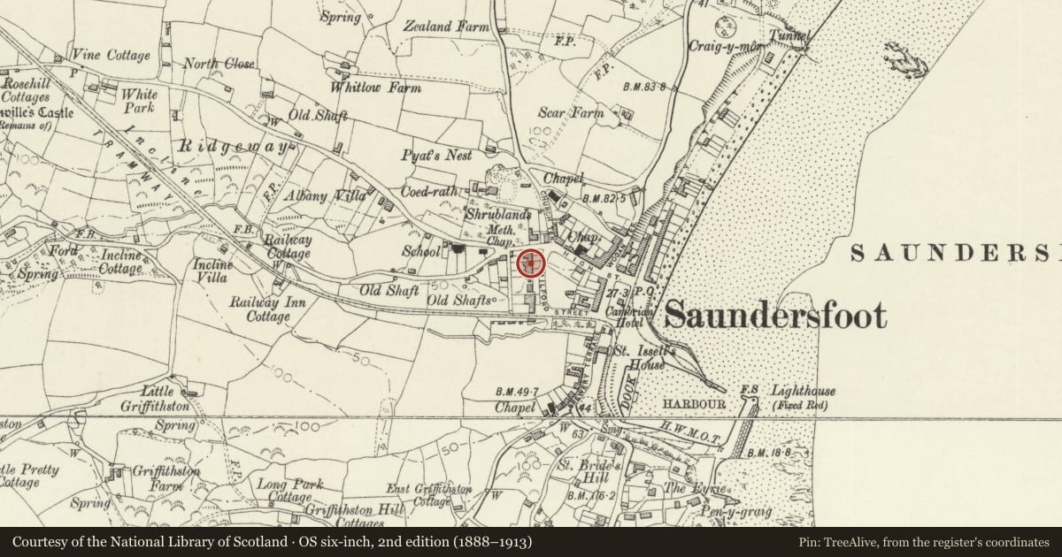 Ordnance Survey six-inch map, 2nd edition (1888–1913) covering the location of No 4 Milford Terrace, Saundersfoot, Pembrokeshire, with a pin at the register's coordinates