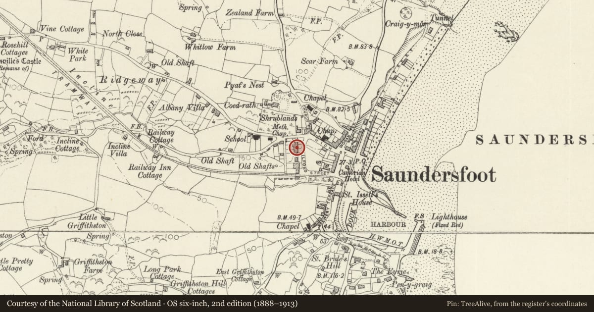 Ordnance Survey six-inch map, 2nd edition (1888–1913) covering the location of No 5 Milford Terrace, Saundersfoot, Pembrokeshire, with a pin at the register's coordinates
