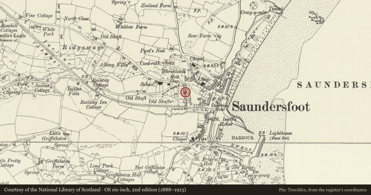 Ordnance Survey six-inch map, 2nd edition (1888–1913) covering the location of Ynysfach, No. 7 Milford Terrace, Saundersfoot, Pembrokeshire, with a pin at the register's coordinates