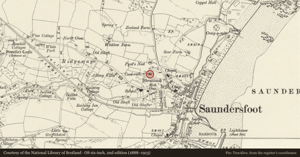Ordnance Survey six-inch map, 2nd edition (1888–1913) covering the location of Coedrath House, Saundersfoot, Pembrokeshire, with a pin at the register's coordinates