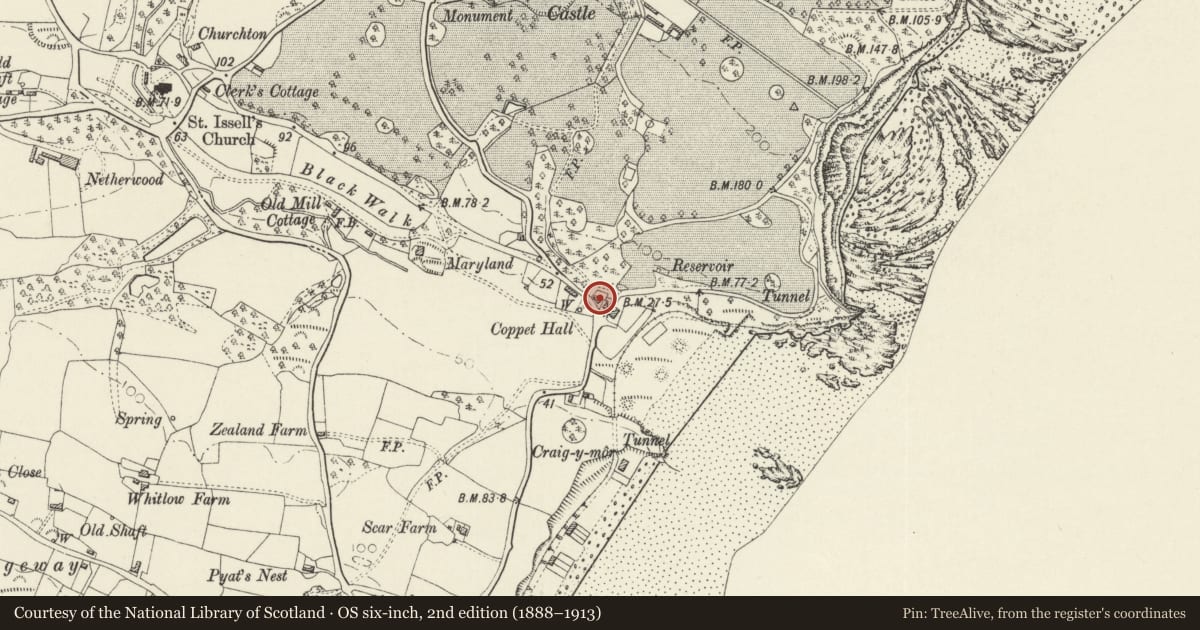Ordnance Survey six-inch map, 2nd edition (1888–1913) covering the location of The Cottage, Saundersfoot, Pembrokeshire, with a pin at the register's coordinates