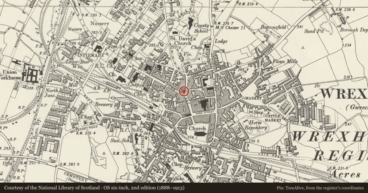 Ordnance Survey six-inch map, 2nd edition (1888–1913) covering the location of The Talbot Public House, Rhosddu, Wrexham, with a pin at the register's coordinates