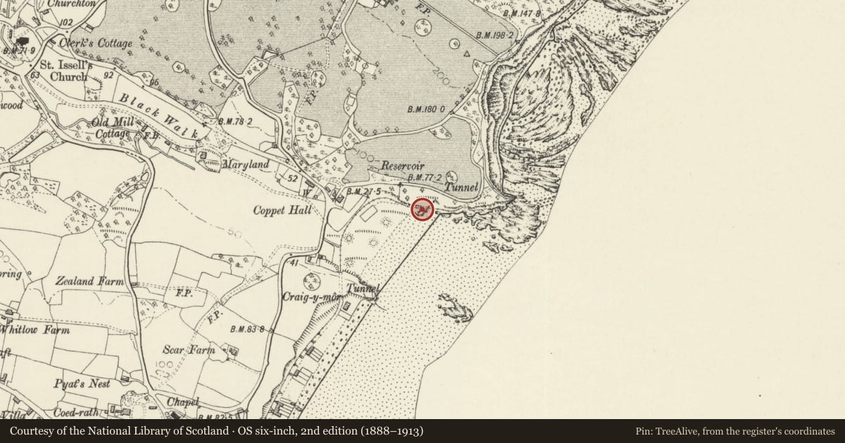 Ordnance Survey six-inch map, 2nd edition (1888–1913) covering the location of Saundersfoot Railway Tunnel (Middle ), Pembrokeshire, with a pin at the register's coordinates