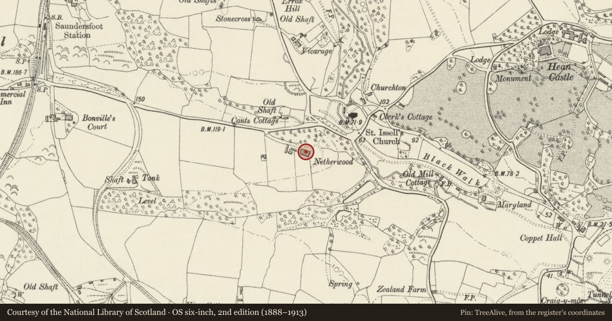 Ordnance Survey six-inch map, 2nd edition (1888–1913) covering the location of Netherwood, Saundersfoot, Pembrokeshire, with a pin at the register's coordinates