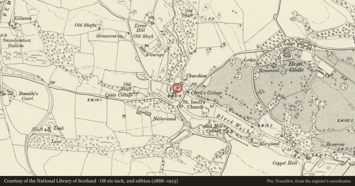 Ordnance Survey six-inch map, 2nd edition (1888–1913) covering the location of Preaching Cross at St. Issell's Church, Saundersfoot, Pembrokeshire, with a pin at the register's coordinates