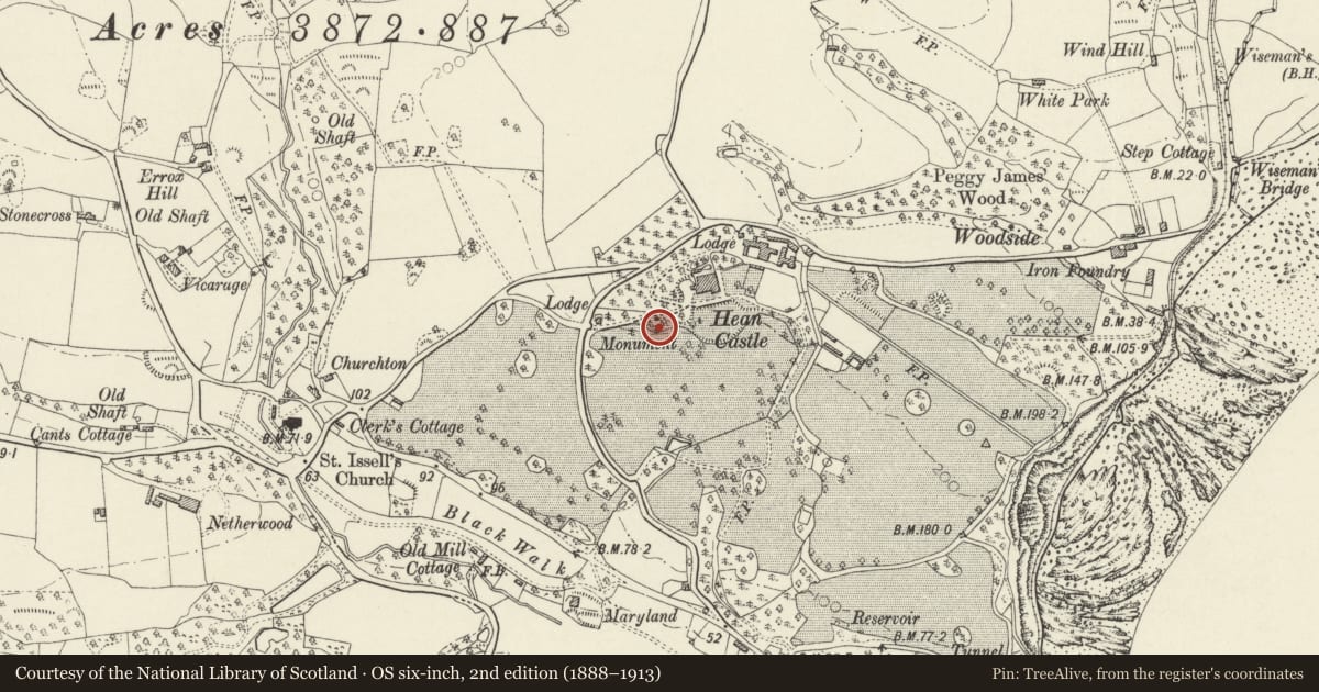 Ordnance Survey six-inch map, 2nd edition (1888–1913) covering the location of Monument at Hean Castle, Saundersfoot, Pembrokeshire, with a pin at the register's coordinates