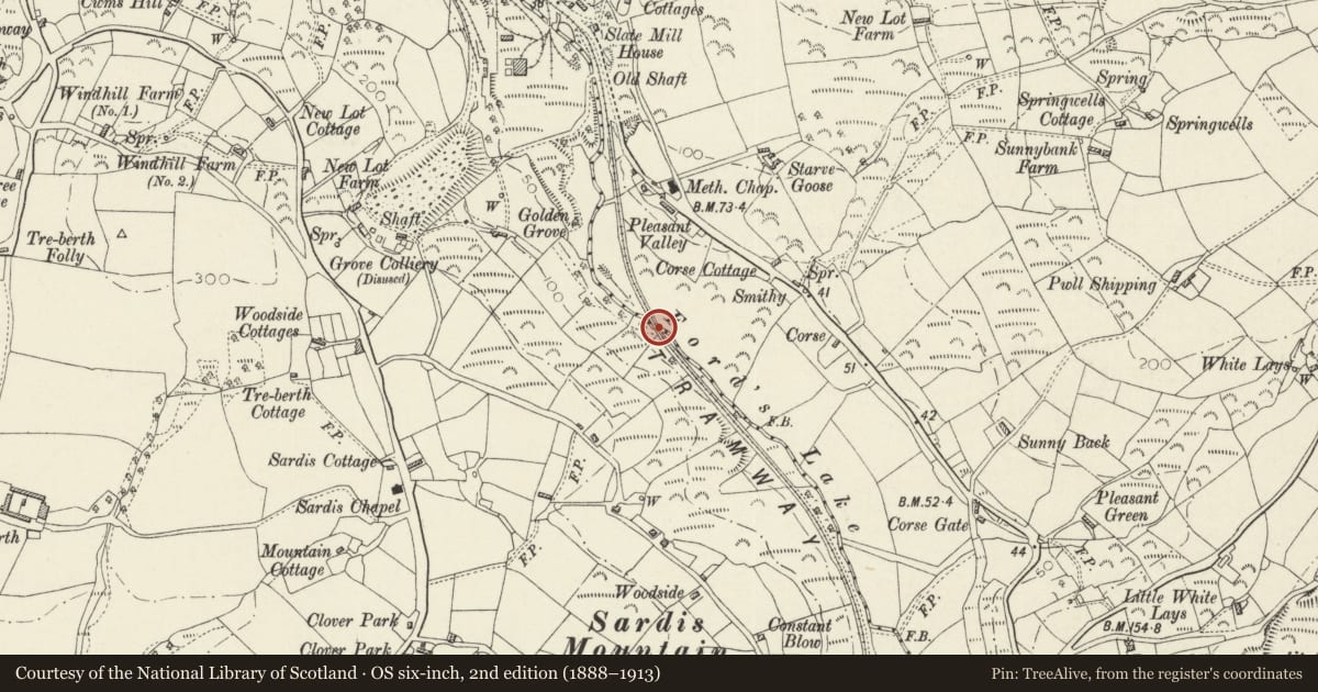 Ordnance Survey six-inch map, 2nd edition (1888–1913) covering the location of Saundersfoot Railway Bridge, Pembrokeshire, with a pin at the register's coordinates