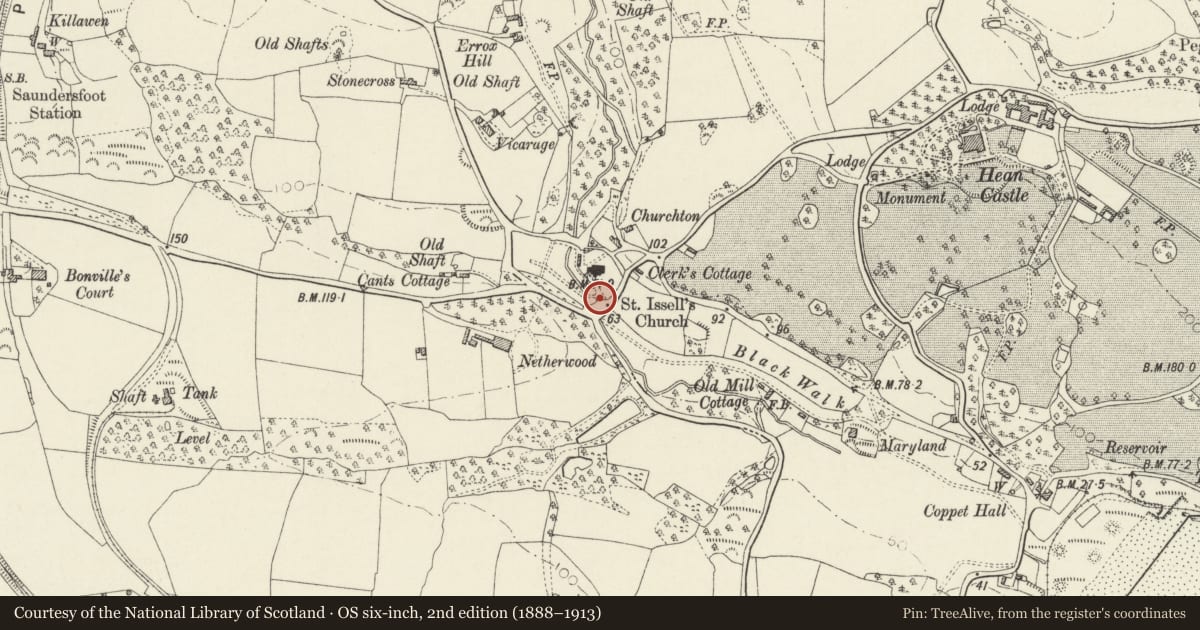 Ordnance Survey six-inch map, 2nd edition (1888–1913) covering the location of Principal entrance gates to Saint Issell's Churchyard, Saundersfoot, Pembrokeshire, with a pin at the register's coordinates