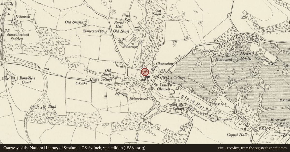 Ordnance Survey six-inch map, 2nd edition (1888–1913) covering the location of Rear gates to Saint Issell's Churchyard, Saundersfoot, Pembrokeshire, with a pin at the register's coordinates