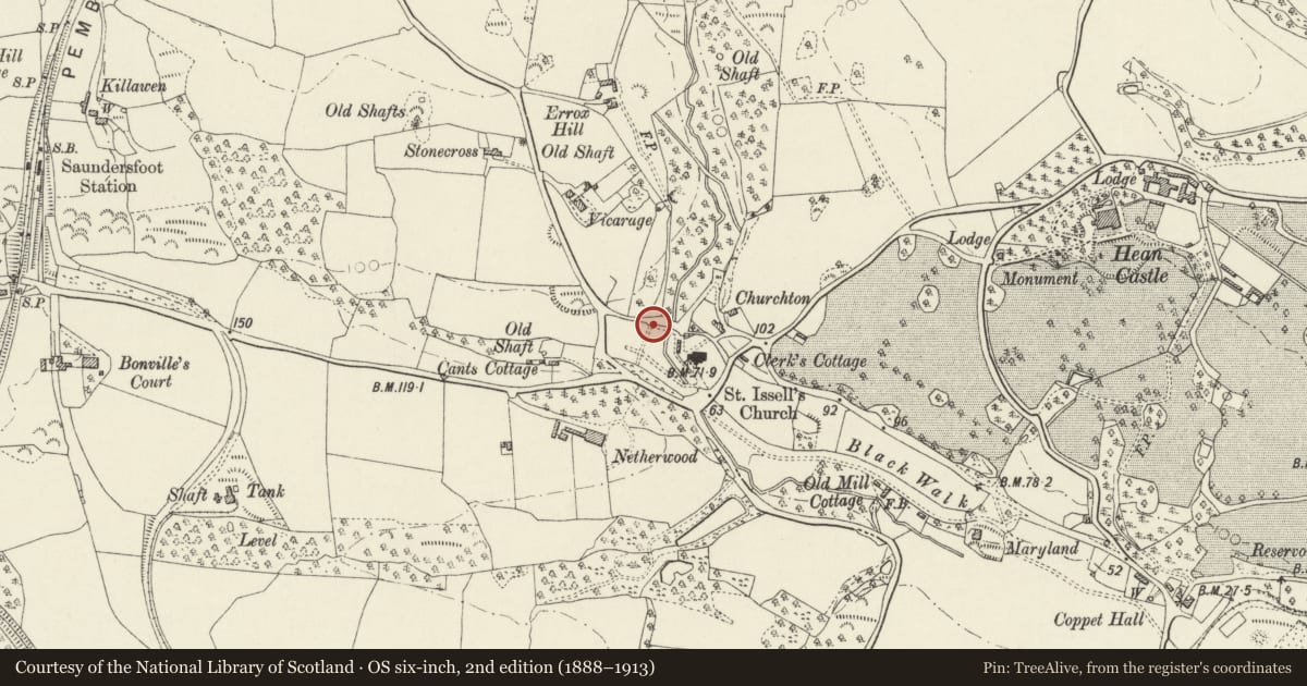 Ordnance Survey six-inch map, 2nd edition (1888–1913) covering the location of North gates to Saint Issell's churchyard, Saundersfoot, Pembrokeshire, with a pin at the register's coordinates