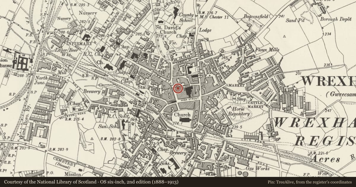 Ordnance Survey six-inch map, 2nd edition (1888–1913) covering the location of National Westminster Bank, Rhosddu, Wrexham, with a pin at the register's coordinates